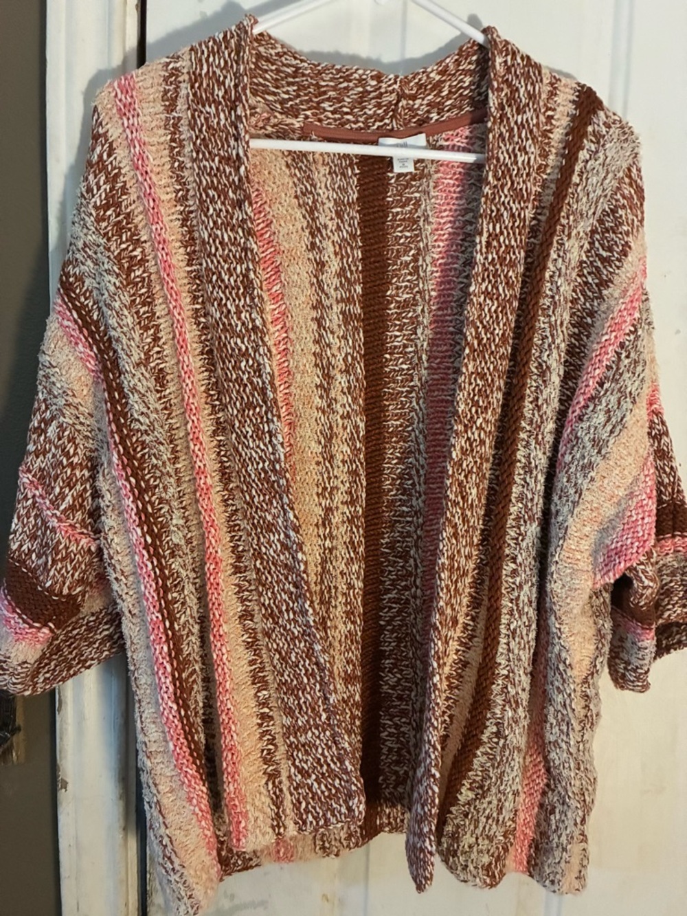 J. Jill Striped Open-Front Cardigan in Brown, Cream & Pink medium petite